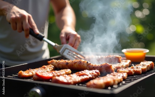 man cooking meat on barbecue grill at summer party. High quality