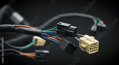 Wallpaper Mural Close-up of a complex electrical wiring harness with various connectors, showcasing intricate automotive or industrial cable assembly on a dark background Torontodigital.ca