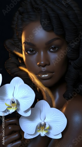 Wallpaper Mural A Close-Up Portrait of a Beautiful Dark-Skinned Woman with Elaborate Braids Holding White Orchids, Illuminated by Soft Golden Light, Evoking Elegance and Serenity Torontodigital.ca