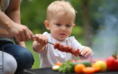 Focused little adorable toddler boy is carefully rotating meat and vegetables on a stick on a grill while being guided by his caring mother and supported by sister. High quality