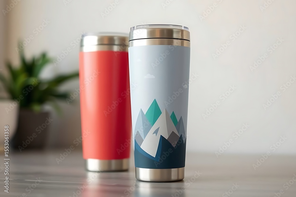 3D-rendered cute eco-friendly tumbler with a minimalist mountain graphic design, promoting sustainable lifestyle, nature aesthetics, and reusable drinkware concept 3D-rendered cute eco-friendly tumbler with a minimalist mountain graphic design, promoting sustainable lifestyle, nature aesthetics, and reusable drinkware concept