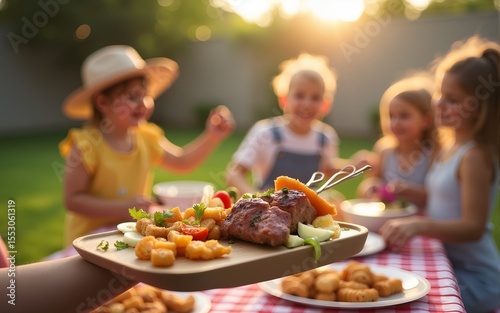 food getting served at family barbecue while children play. High quality