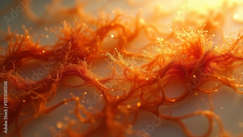A mesmerizing abstract composition featuring glowing orange fibers gently flowing in soft light. 