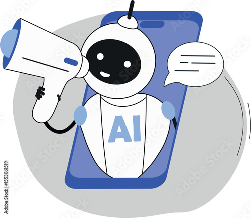 AI assistant, smart technologies in the phone, a cute robot helps with finding clients for business. Flat illustration neural network processes information, sends messages, chat bot in a smartphone