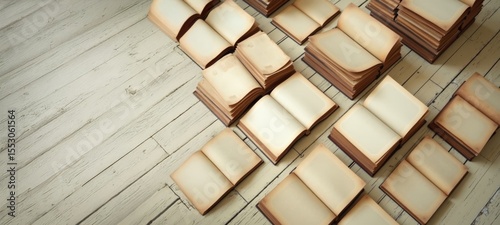Top view of various antique and used books with covers of varied tones and warm atmosphere.
