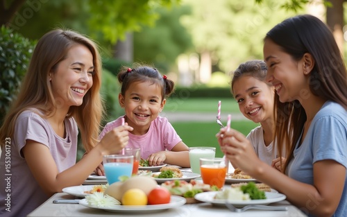 Family on vacation having lunch outdoors. High quality