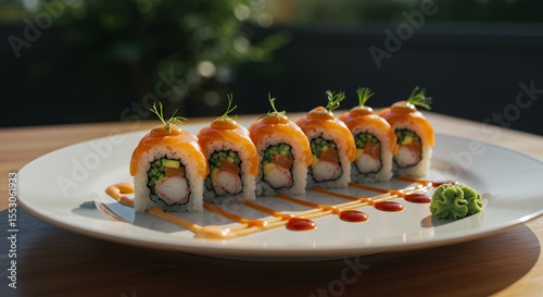 Sun-Drenched Salmon Sushi Rolls Glisten on a White Plate