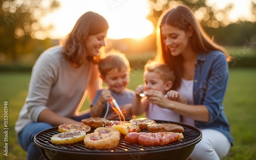 Happy family with barbecue outdoors. High quality