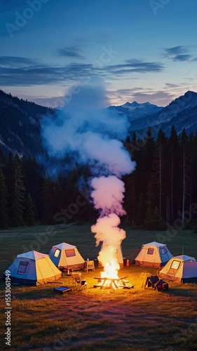 A scenic campground with four tents around a campfire. Smoke rises from the fire, surrounded by a forest and mountains under a twilight sky. Ideal for outdoor adventures.