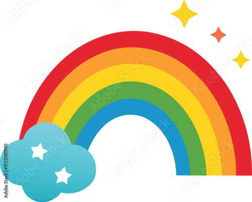 Vibrant Rainbow Illustration Colorful Arc with Sparkling Stars and Cloud