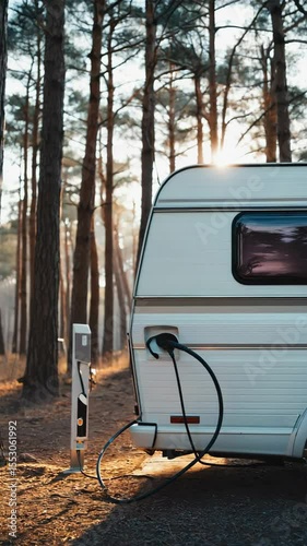 A white camper is parked in a forest, connected to an EV charging station. Sunlight filters through the trees, creating a serene camping atmosphere.