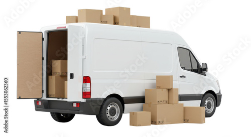 White delivery van loaded with cardboard boxes on transparent, png