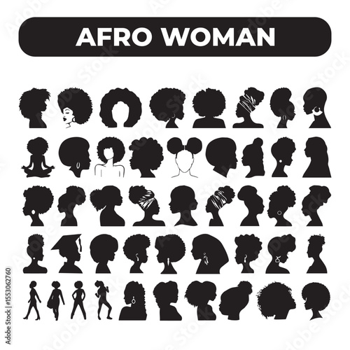 Afro Woman Girl Black Woman Hair Queen set pack isolated icon silhouette vector art illustration on white background