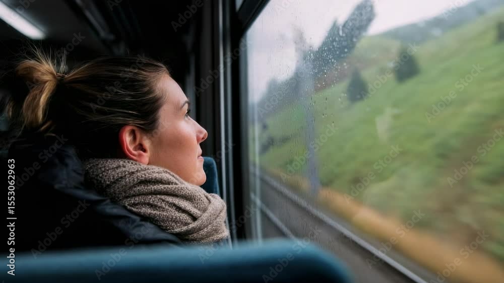 Journey through the rain with a traveler gazing out the window at the passing landscape in the countryside