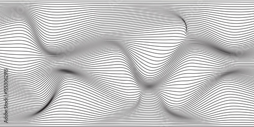 Wave lines abstract background, black thin wavy stripes with movement optical effect. Minimalistic drawing, graphic curves flow. Modern vector illustration isolated on white.