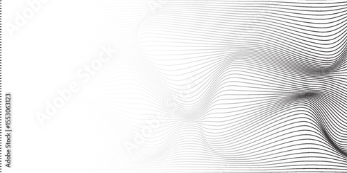 Wave lines abstract background, black thin wavy stripes with movement optical effect. Minimalistic drawing, graphic curves flow.