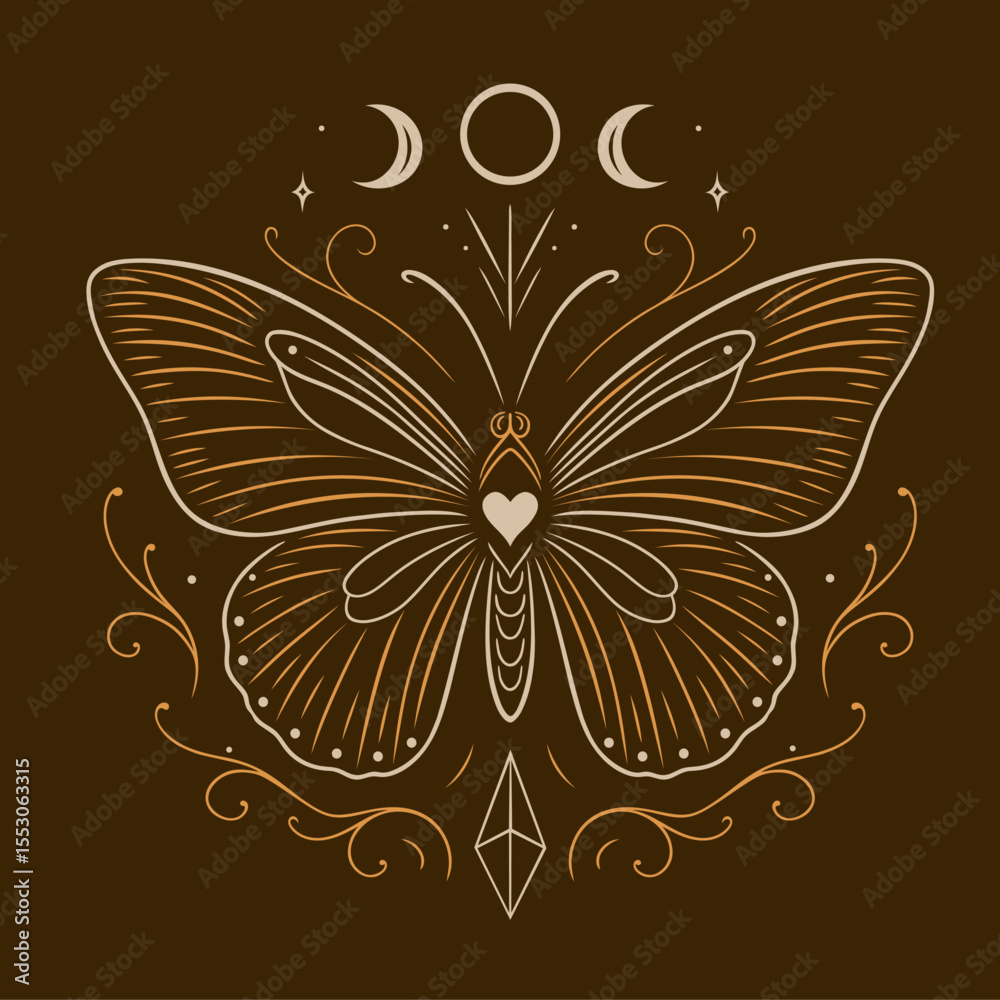 Mittsommer Schmetterling mit Triple Moon und Herzsymbol. Spirituelle Vektor Illustration mit floralen Ornamenten. Pagan und Wicca-Design.