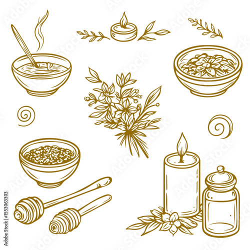 Vektor Set mit Heilkräutern, Honig, Schalen und Kerzen. Cottagecore für Naturheilkunde, Selbstfürsorge und Kräuteranwendungen.