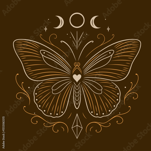 Mittsommer Schmetterling mit Triple Moon und Herzsymbol. Spirituelle Vektor Illustration mit floralen Ornamenten. Pagan und Wicca-Design.