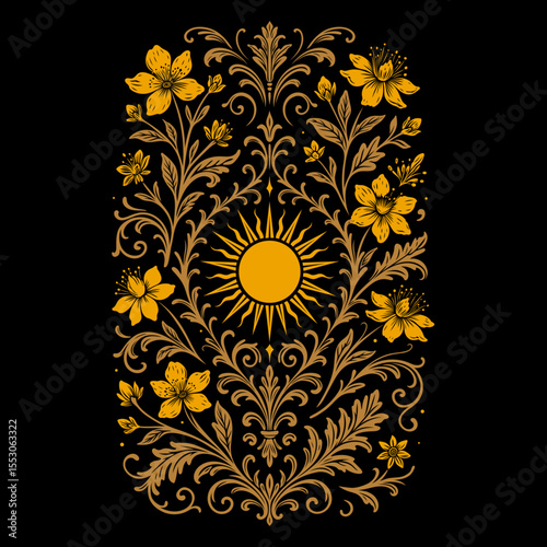 Mittsommer Johanniskraut Ornament mit Sonne auf schwarzem Hintergrund. Spirituelle Vektor Illustration zur Sommersonnenwende und Midsommer-Ritualen.