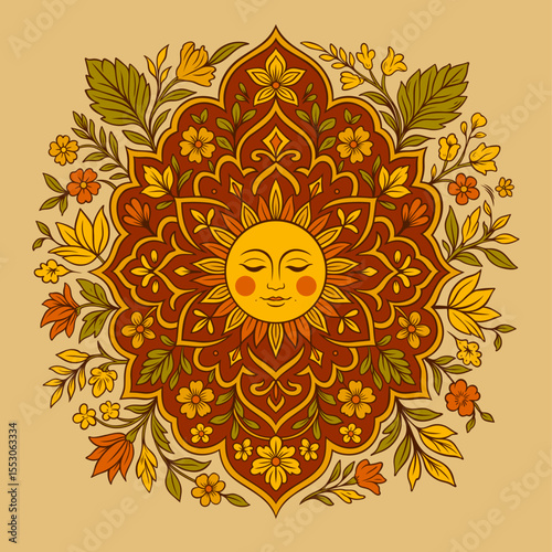 Mystisches Mittsommer Mandala mit Sonnenmotiv - filigranes, spirituelles Sommerdesign zur Sonnenwende, ideal für Meditation, Yoga und dekorative Anwendungen. Perfekt als Symbol für Natur und Energie.