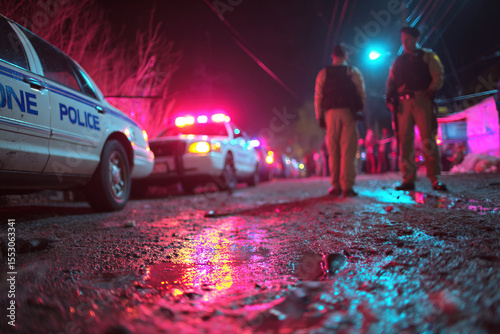 Police officers respond to a crime scene with flashing lights and barricades under night sky