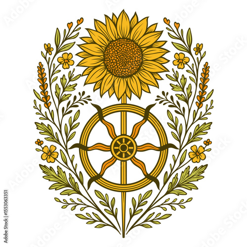 Mystisches Sonnenrad mit Sonnenblume - spirituelles Mandala-Design zur Sonnenwende, kraftvolles Symbol für Zyklus, Natur und Energie. Ideal für Meditation, Yoga und dekorative Anwendungen im Sommer.