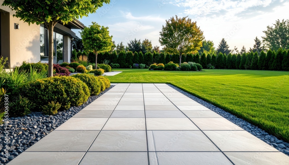 Fototapeta premium Modern landscaped garden with a stone pathway leading to a sunny, serene outdoor space