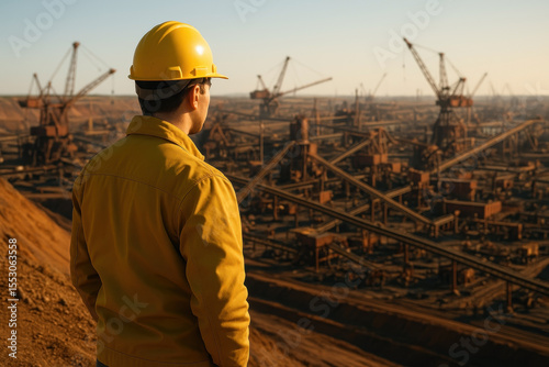 Worker Wearing Yellow Jacket And Helmet Supervising Industrial Mining Complex With Conveyor Belts At Sunset
