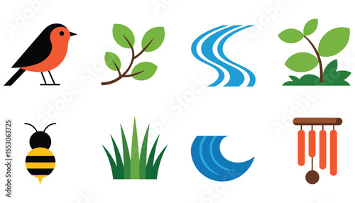A set of vector icons with birds, leaf, and floral elements for eco design and nature concepts