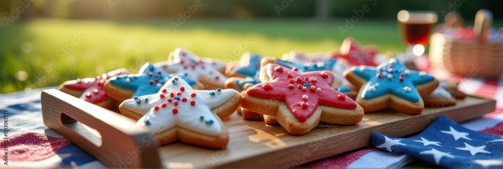 Obraz premium Festive fourth of july star-shaped cookies with red, white, and blue decorations outdoors