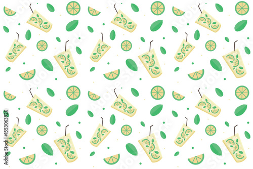 Seamless   pattern with cocktails on transparent background. Ornament with beverage. Cocktail concept. Mojito, lime, slice of lime. Repeat pattern.  Flat cartoon design. Vector illustration