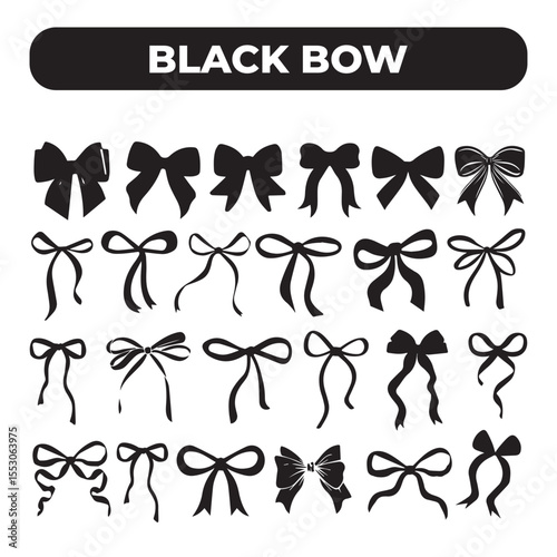 Black Ribbon Coquette Tie Bow set pack isolated icon silhouette vector art illustration on white background