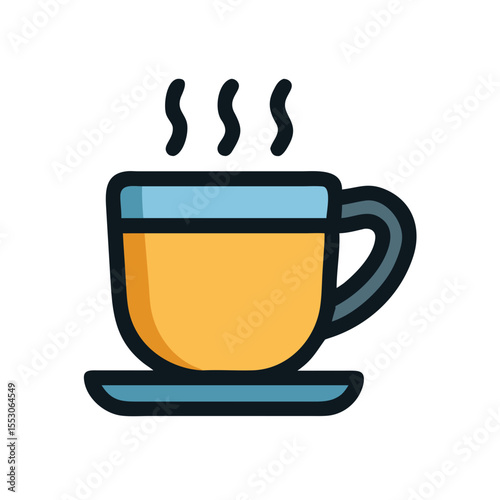 colorful illustration of a steaming cup of tea or coffee on a saucer in a modern style
