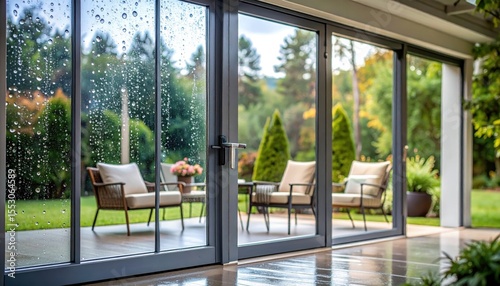 Modern living room with glass doors revealing a serene garden view and cozy seating area