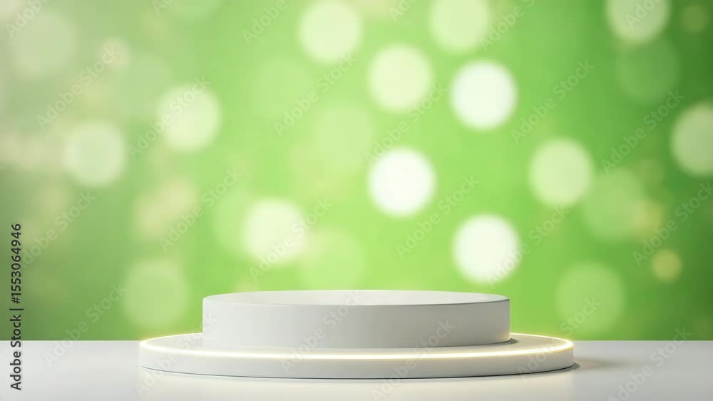 White pedestal with glowing light ring on a blurred green background