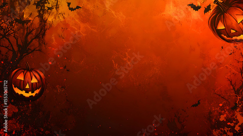 Spooky halloween background with carved pumpkins bats and a textured orange and red atmosphere