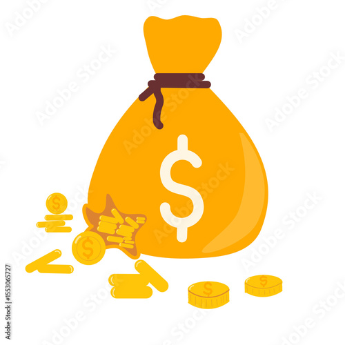 Leaking money bag spilling coins. Bankruptcy icon. Financial crisis concept. Symbol of economic decline.