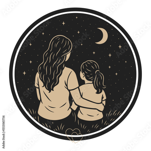 Herzliche Muttertags-Illustration mit Mutter und Kind unter Sternenhimmel - liebevolles Geschenkidee-Motiv für Mom, Familienbindung und besondere Momente. Perfekt für Karten, Prints und Deko.