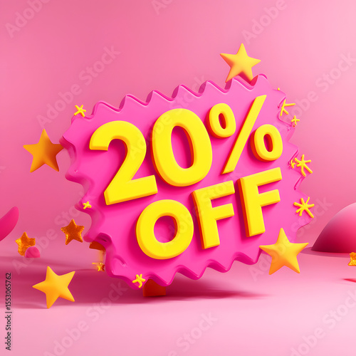 Vibrant 3d rendered sale announcement for twenty percent discount offer with festive star embellishments