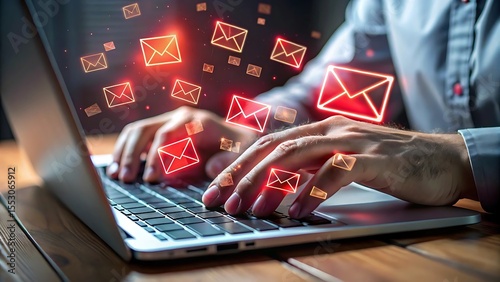 Person typing on a laptop with glowing email icons floating above the keyboard