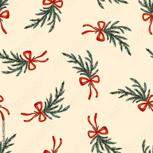 Christmas tree branches with red bows seamless pattern vector for new year winter holiday.