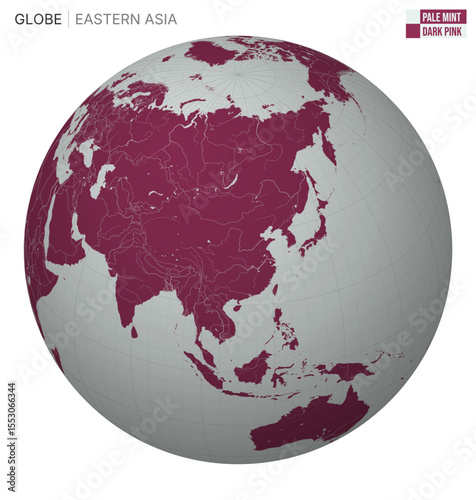 Vector Globe centered to Eastern Asia. Pale Mint Dark Pink palette. World map with meridians, parallels, countries, rivers and lakes. Creative vector illustration.