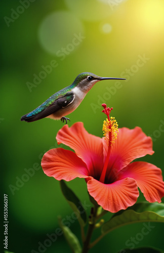 Hummingbird hovering near vibrant red hibiscus flower