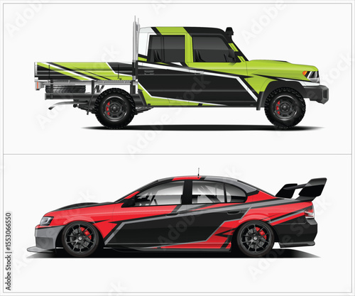 Two Custom Vehicles A Green Truck and a Red Race Car with Graphics
