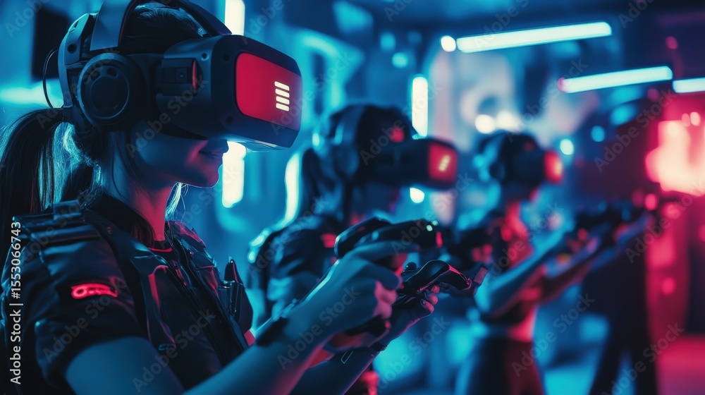 Fototapeta premium Several people using virtual reality headsets in a dark environment