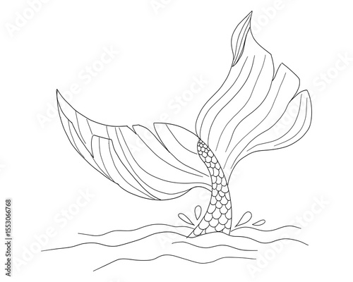 Mermaid tale fin line tattoo sketch hand drawn. Sea life, tail with scale textured, geometric elegant vector outline with marine elements