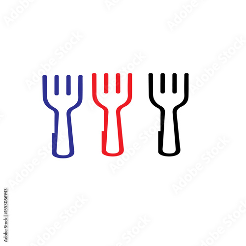 Three forks in blue red and black color isolated on white background