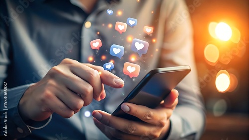 A man interacts with social media likes on his phone