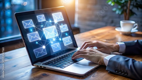 A businessman types emails on his laptop